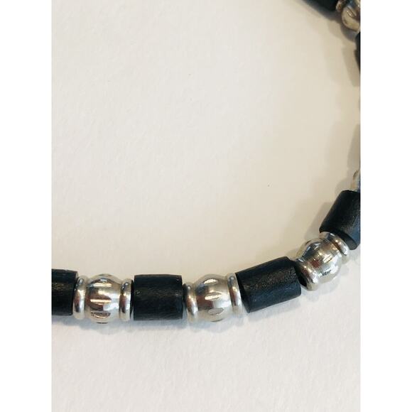 Vintage Silvertone and Black Wooden Beaded 9" Bracelet Lobster Claw Closure - Picture 6 of 8